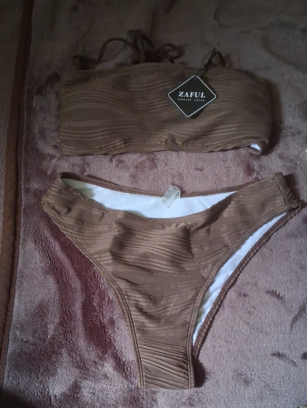 Zaful Brown Ribbed Bandeau Bikini Set